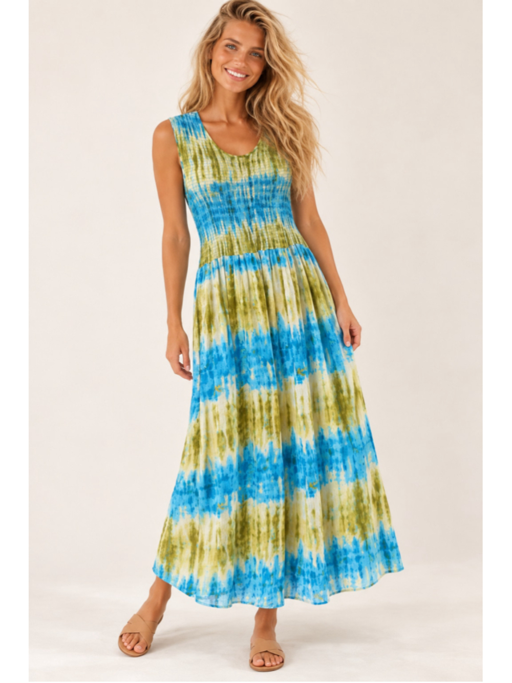 CW Classics Smocked Maxi Dress Watercolor Boho Beach Coastal Sleeveless Tropical